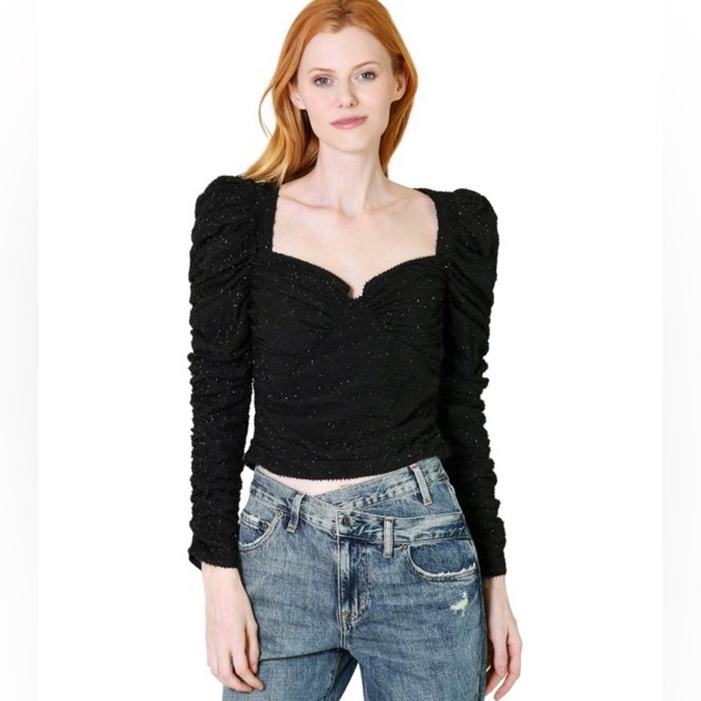 ASTR The Label Caldwell Metallic Ruched Sweetheart Neck Top Sz M